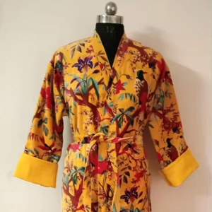 ชุดเดรสกิโมโนพิมพ์ลายนกทำจากผ้าฝ้ายกำมะหยี่สีเหลืองของขวัญที่สมบูรณ์แบบจากผู้ส่งออกอินเดีย - Product Image 1