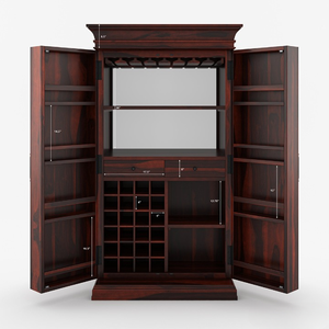 Mueble Bar Alto de Madera de Teca Maciza de Lujo, Diseño Antiguo, Muebles de Madera de Java con Botellero, Espejo y Almacenamiento, Barra Fija - Product Image 6