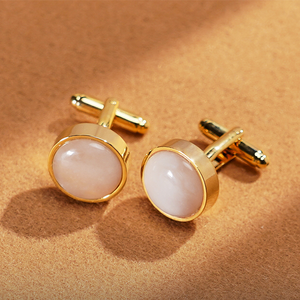 Gemelos de lujo chapados en oro de 18 quilates para hombre con piedra preciosa Fengshui ágata blanca MSDATR011 Tinh Vu colección de Vietnam - Product Image 1