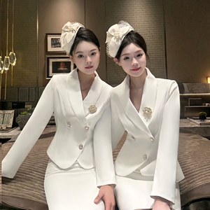 Conjunto de Traje OEM ODM para <span class=keywords><strong>Mujer</strong></span>, Blazer con Cuello Chal Blanco, Doble Botonadura, Falda Peplum, para Recepción de Hotel, Ropa Profesional - Product Image 4