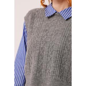 Suéter de Punto Gris para Mujer Lustrin con Cuello Camisero Elegante y Detalles en las Mangas, Corte Estándar, Top Pullover al por Mayor - Product Image 3