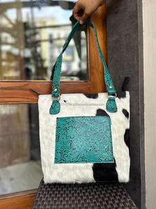 Unique Western Style <b>Tooled</b> Hair on Hide Fur <b>Leather</b> Tote Handbags Women Embossed Color Print Fur <b>Leather</b> Vintage Underarm Bags - Product Image 2