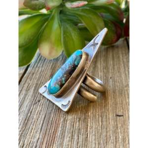 Delbert Shirley Bohemian Fashionable Kingman Turquoise & Sterling Silver <b>Adjustable</b> <b>Ring</b> Bezel Setting Inlay for Size 7.5 Gift - Product Image 4