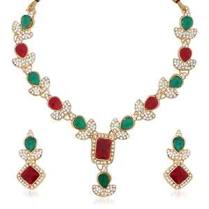 Kriaa Kundan Collier classique en pierre autrichienne plaqué or avec boucles d'oreilles pour cadeaux, fêtes et fiançailles en laiton - Product Image 1