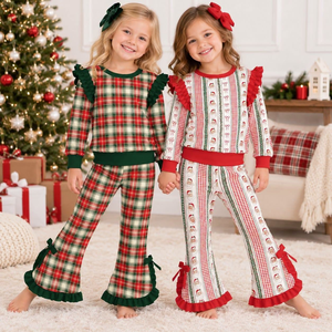 Toddler Girls Christmas <b>Plaid</b> Two-Piece <b>Pajama</b> Set With Ruffles And Bowknots Long Sleeve Top And Bell Bottom Pants Winter Outfit - Product Image 1