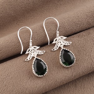 Women’s 925 <b>Sterling</b> <b>Silver</b> Bohemian Drop <b>Earrings</b> Geometric Pattern Green Tourmaline Bezel Set Handmade <b>Dangle</b> <b>Earrings</b> - Product Image 6