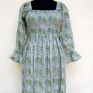 インド綿ハンドブロックプリントフリーサイズロングドレスカフタンレディースカジュアルウェアドレスプラスサイズ夏服マキシドレス