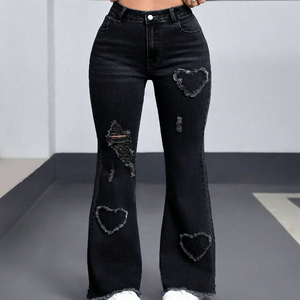 Pantalones de mezclilla con patrón de tamaño personalizable para uso en exteriores Nuevo estilo holgado elegante Ropa informal Pantalones Acampanados para mujer Sólido - Product Image 2