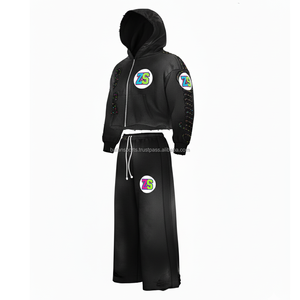 Premium 320 GSM Fleece Zipper Tracksuit Soft Cotton Polyester Blend Black Color Custom <b>Embroidery</b> Logo Hooded <b>Set</b> - Product Image 4