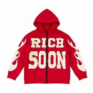 เสื้อมีฮู้ดแบบสวมศีรษะมีซิปรูด100% ผ้าฝ้ายลายกราฟิกแบบเปลวไฟและการเขียนแบบมีความสุขในไม่ช้าสำหรับทุกเพศ - Product Image 1