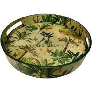 Wholesale Bulk Selling Round Shape Attractive Unique Designer Round Shape Wooden <b>Tray</b> With Gold Plated Metal Leaves Handles - Product Image 2