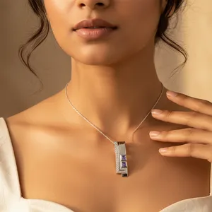 Art Palace <b>Women's</b> Geometric Rhodium Plated Alloy Pendant Necklace with <b>Princess</b> Cut Crystal and Channel Set Stones Trendy Gift - Product Image 1