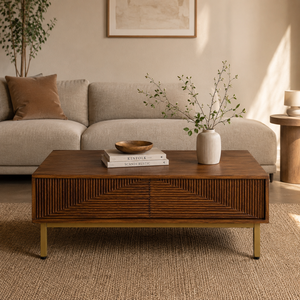 Brown Rectangular Wood Coffee <b>Table</b> with Sliding <b>Bamboo</b> Panel Modern Living Room Furniture - Product Image 4