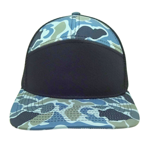 Sombrero de camionero de camuflaje azul y negro de 7 paneles, malla negra, transpirable, ajustable, ala plana, Snapback, hebilla de un solo pecho, OEM Unisex - Product Image 1