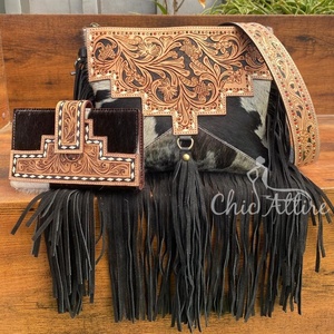 Nouvelle usine personnalisée femmes sacs à bandoulière à franges en cuir usiné à la main et porte-cartes en cuir usiné à la main ensembles de portefeuilles à deux volets - Product Image 1