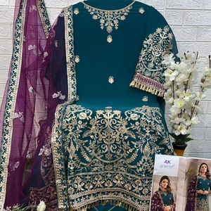 Foxjorger Elegant Casual Dress Ensemble Georgette Embroidered Rhinestone Sequin Diamonds Long Sleeved Santoon Patchwork Dupatta - Product Image 1