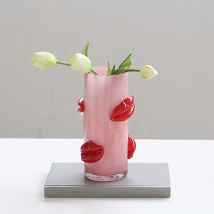 Vasi <span class=keywords><strong>in</strong></span> Vetro Soffiato a Bocca Bixuan con Dettagli a Labbro, Rosa Pastello Menta, Cilindrici, Porta <span class=keywords><strong>Fiori</strong></span>, Espositore per Centrotavola Matrimonio Stile Pop Art Giocoso - Product Image 5
