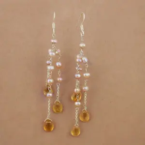 "Vintage Gold-Plated 925 <b>Silver</b> <b>Pearl</b> & Citrine Drop Pendant <b>Earrings</b> for Women" - Product Image 1