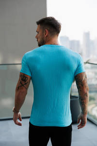 Nuevo diseño clásico menta acanalado punto Super Slim cuello redondo hombres camisetas transpirable personalizado algodón gimnasio ropa activa camiseta para hombres - Product Image 5