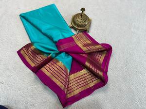 Magnifique vêtement de mariage Sarees en soie de Mysore semi-crêpe pur - Product Image 5