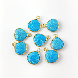 จี้สร้อยคอเทอร์ควอยซ์12มม. รูปหัวใจดอกไม้แกะสลักสีทอง925เวอร์เมลสีเงินสเตอร์ลิงจี้จี้สีฟ้าเทอร์ควอยซ์ - Product Image 1