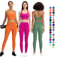 Pakaian Olahraga Wanita Gym Fitness Set 2 Potong Warna Solid Logo Depan Pinggang Elastis Pinggang Tinggi Bernapas Anti-Bakteri