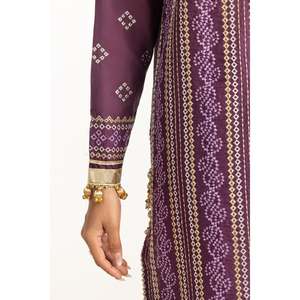 Ensemble élégant 3 pièces pour femme IUSTKSD-724, imprimé doré, en tissu lawn, avec détails brodés - Product Image 3