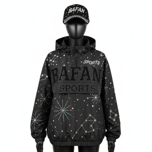 Chaqueta Cortavientos con Capucha para Mujer, Calidad Premium, Poliéster, Estilo Panel Negro, Logotipo de Pedrería, Chaqueta Cortavientos para Mujer - Product Image 1