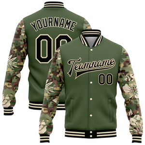 Bomber 3D unisexe Athletic Olive Black Cream Hawaii Palm Leaves Camo Sleeves Full Snap Varsity Letterman Salute To Service Jacket - Product Image 1