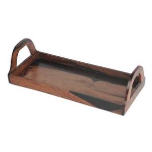 Plateau en bois de taille rectangulaire personnalisé avec poignée en métal et cadre gravé Plateau de service pour hôtel Bois d'acacia - Product Image 2