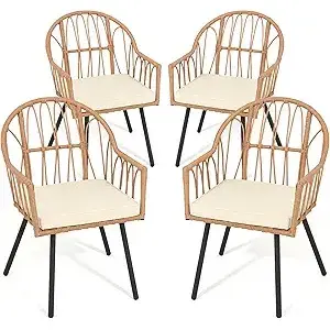 Juego de sillas de comedor de mimbre de ratán beige de 4 piezas con cojines para uso en exteriores o interiores Bistro - Product Image 5