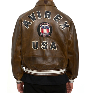 Amirez Men's Brown Genuine Leather Bomber Jacket American Flag Patch Zipper Closure HIGH STREET Style Stand Collar Breathable - Product Image 5