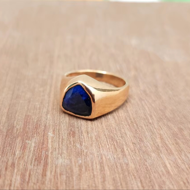 Blue Lapis Signet Ring 925 Sterling Silver Tringle 10mm Lapis Lazuli Gemstone Ring Yellow Gold Plated Men Jewelry Gift For Him