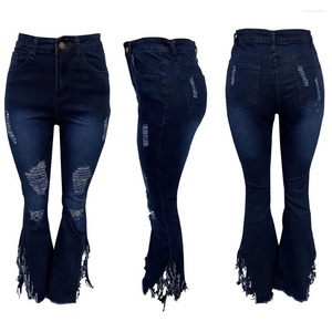 Pantalones vaqueros acampanados de mezclilla azul oscuro de alta elasticidad con borlas largas y estilo holgado para mujer/mamá/dama, venta al por mayor - Product Image 3
