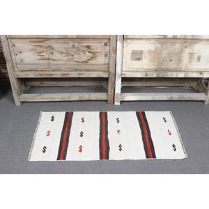 Petit <span class=keywords><strong>tapis</strong></span> turc vintage 1,6x3,2 pieds, <span class=keywords><strong>tapis</strong></span> en laine <span class=keywords><strong>blanc</strong></span> et <span class=keywords><strong>noir</strong></span> à <span class=keywords><strong>pois</strong></span> - Product Image 2