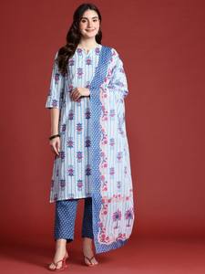 <b>women</b> Floral Printed Pure Cotton Kurta With Trousers & Dupatta indian pakistan salwar kameez <b>suit</b> - Product Image 6