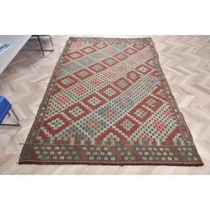 4.9x7.5 ft Vintage Area Rug, <b>Red</b> Blue Turkish Patchwork <b>Wool</b> Rug - Product Image 1