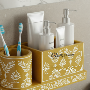 Organizador de Baño de Pared Rectangular de Dos Piezas con Incrustaciones de Hueso Amarillo de Lujo, Diseño Floral, Estante de Almacenamiento, Fácil de Limpiar, Ecológico - Product Image 3