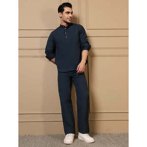Navy Blue Cotton Kurta With Pant <b>Men</b> Co-ord Set - Product Image 6