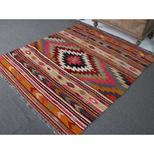 พรมคิลิม ขนาด 5.3x5.9 ฟุต พรมวินเทจ พรมลายทางสีแดง ทำจากขนสัตว์ - Product Image 2