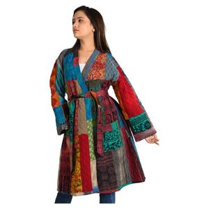 Boho Style Vintage <b>Kantha</b> Reversible Silk <b>Jacket</b> Handmade Woven Printed Breathable Eco-Friendly Autumn Winter Coat Recycled - Product Image 4