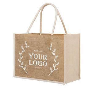Sacs fourre-tout en jute écologique avec logo personnalisé-Sacs à provisions réutilisables laminés avec poignées en bambou-Sac cadeau durable - Product Image 4