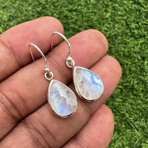 Pendientes de gota de Plata de Ley 925 sólidos de estilo bohemio hechos a mano con tamaño de piedra lunar arcoíris Natural de 10x14mm - Product Image 3