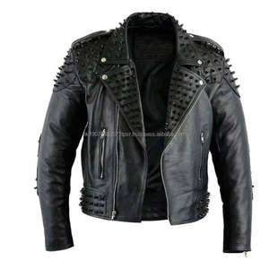 Veste en cuir de mouton noir pour homme, style rock punk, avec tissu en toile clouté - Product Image 3