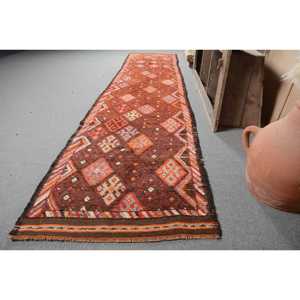 Vintage Turkish Rug, 3.1x14.5 ft Runner Rug, <b>Brown</b> Orange Bordered <b>Wool</b> Rug - Product Image 2