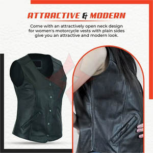 Womens Motorcycle Leather Vest Open Neck Biker Vest Unique Stitching Sleeveless Western Style Riding <b>Waistcoat</b> Cruiser Street - Product Image 3