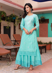 Kurti สําหรับผู้หญิงและเด็กผู้หญิงที่สวยงามนักออกแบบชุดลําลองผู้หญิงสีเขียวทะเลเย็บปักถักร้อย Anarkali Kurta - Product Image 4