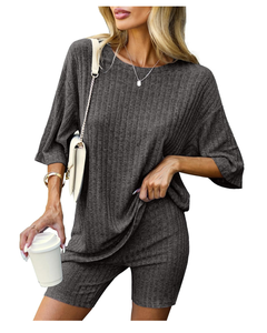 Pyjama 2 pièces ensembles de salon en tricot côtelé tenues assorties T-shirt Biker Shorts vêtements de nuit vêtements de détente survêtements - Product Image 1