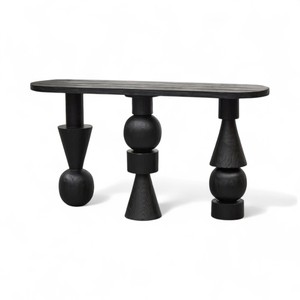 Black Wooden Console <b>Stand</b> 3 Pedestal Legs Curved Oval Top Reclaimed Teak Wood Elegant Interior Hotel Furniture for Villa Entry - Product Image 1