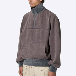 Unisex Vintage Washed Grey 100% Cotton <b>Fleece</b> <b>Quarter</b> <b>Zip</b> Windproof Eco-Friendly Sweatshirt Custom Pullover Turtleneck - Product Image 2